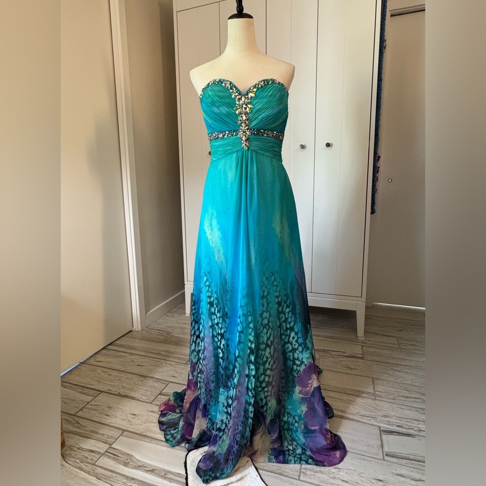 Tony Bowls Strapless Teal and Purple Gown